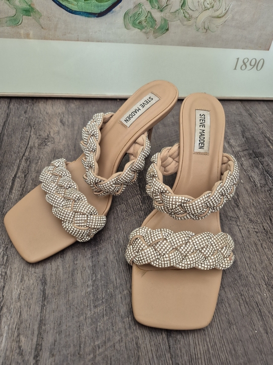 Steve Madden Shoes - Steve Madden Beige Braided Crystal Strap Slide Heels